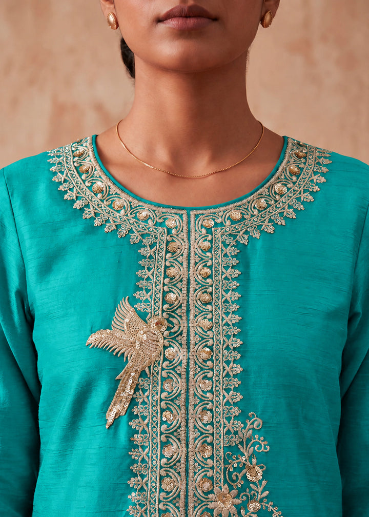 Turquoise Blue Chinon Silk Palazzo Suit Set with Zari & Sequin Embroidery