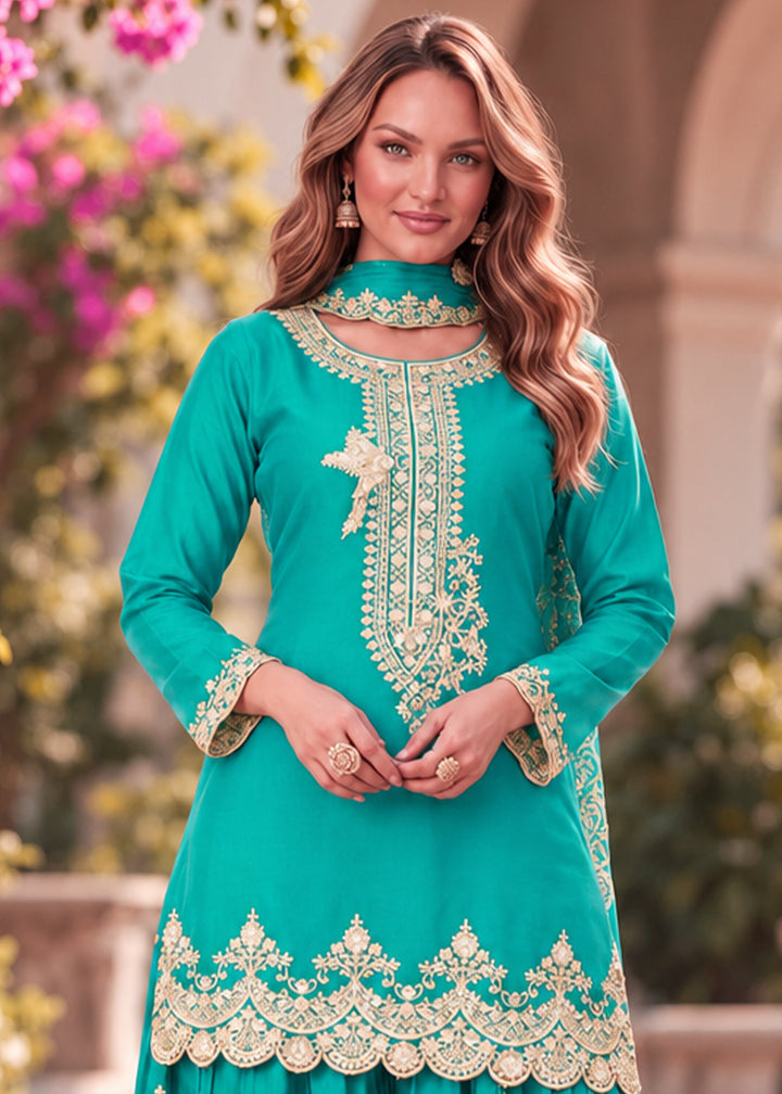 Turquoise Blue Chinon Silk Palazzo Suit Set with Zari & Sequin Embroidery