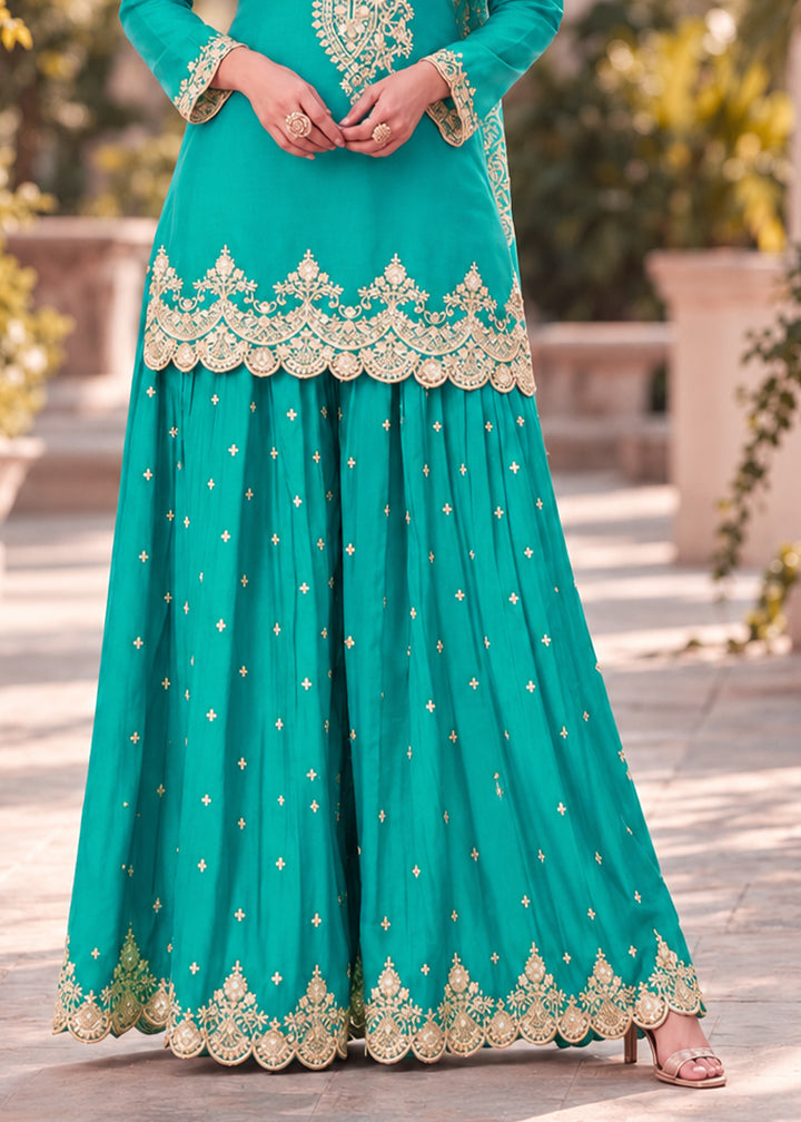 Turquoise Blue Chinon Silk Palazzo Suit Set with Zari & Sequin Embroidery