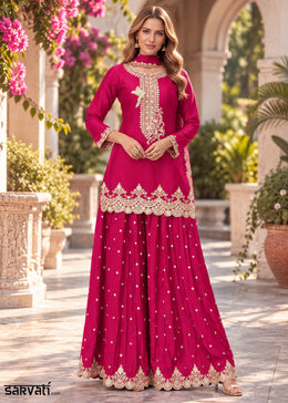 Raspberry Pink Chinon Silk Palazzo Suit Set with Zari & Sequin Embroidery
