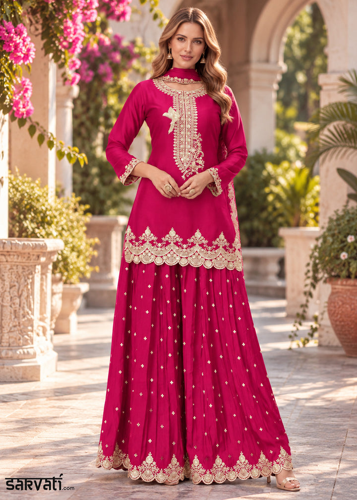 Raspberry Pink Chinon Silk Palazzo Suit Set with Zari & Sequin Embroidery