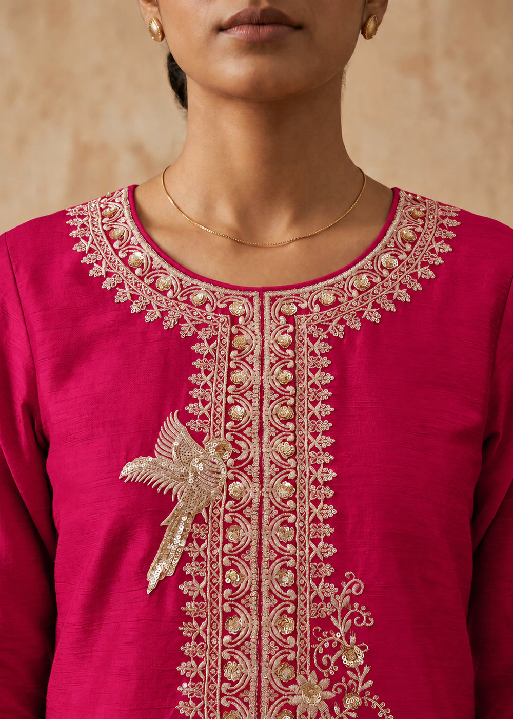 Raspberry Pink Chinon Silk Palazzo Suit Set with Zari & Sequin Embroidery