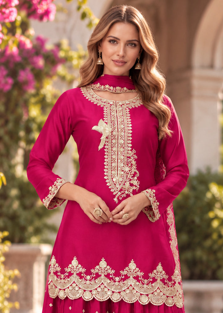 Raspberry Pink Chinon Silk Palazzo Suit Set with Zari & Sequin Embroidery