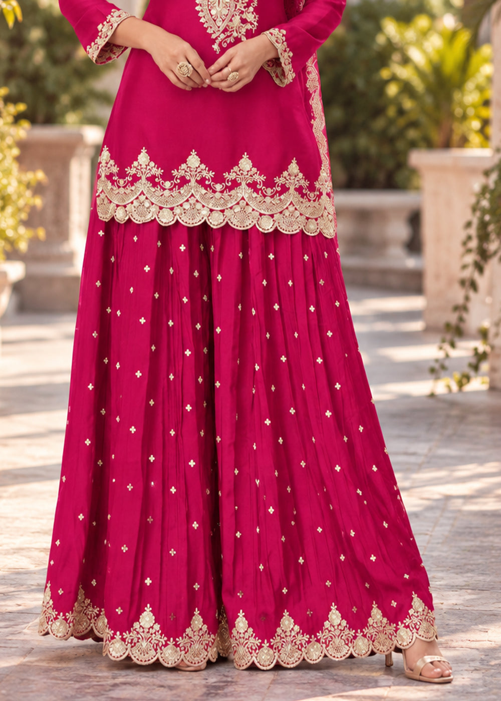Raspberry Pink Chinon Silk Palazzo Suit Set with Zari & Sequin Embroidery
