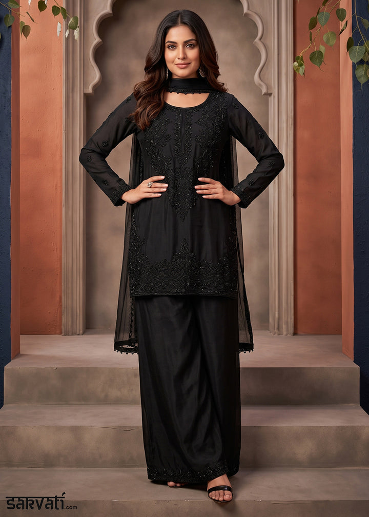 Onyx Black Chinon Silk Palazzo Suit with Floral Bead Embellishments