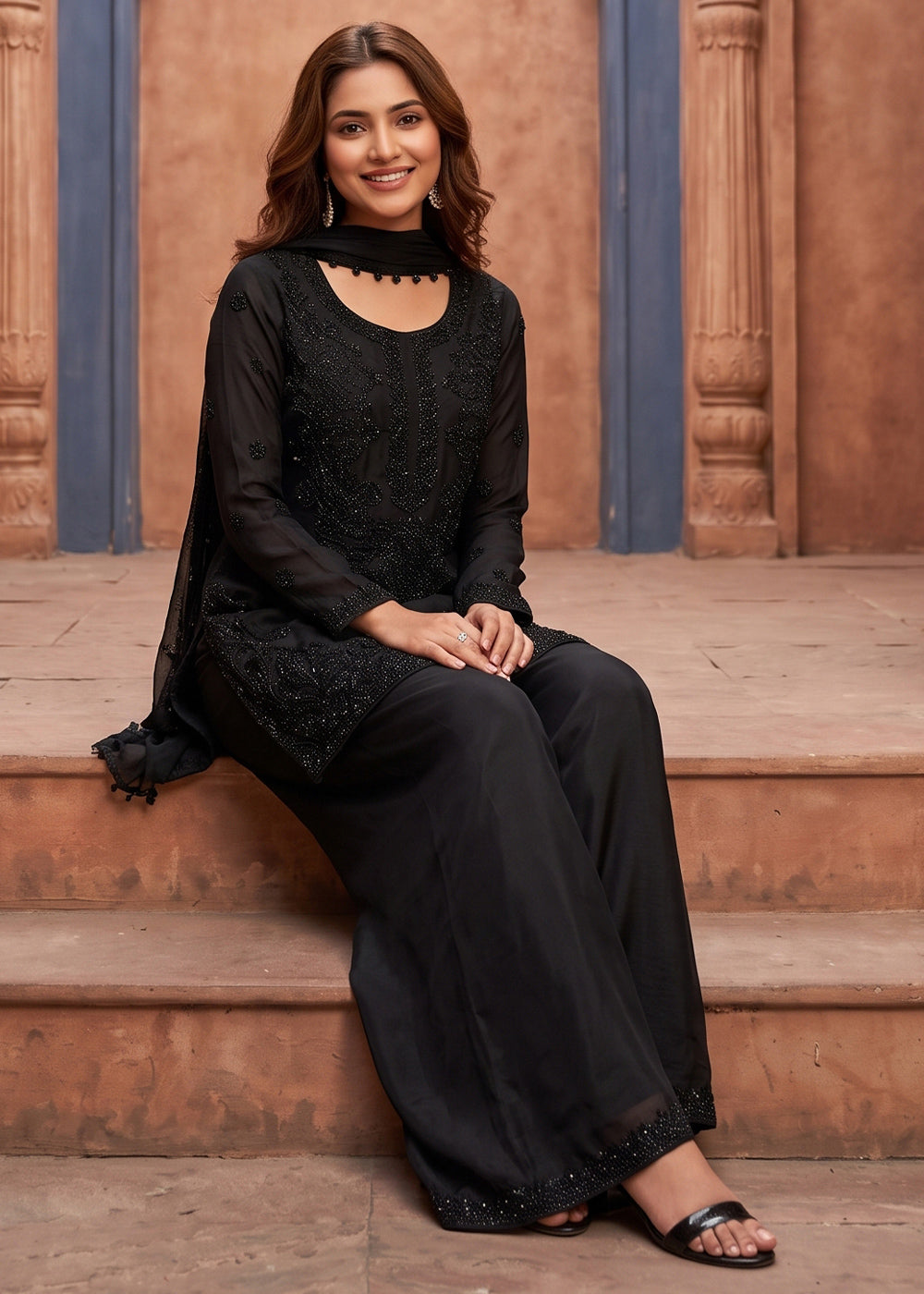Onyx Black Chinon Silk Palazzo Suit with Floral Bead Embellishments