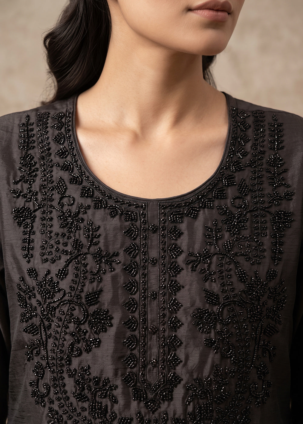 Onyx Black Chinon Silk Palazzo Suit with Floral Bead Embellishments