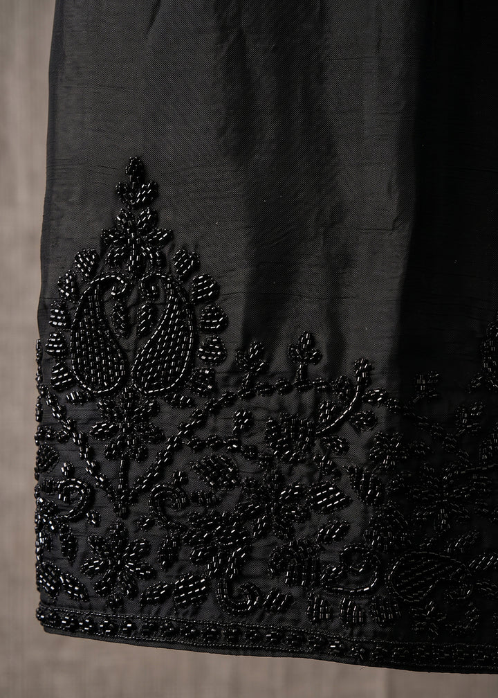 Onyx Black Chinon Silk Palazzo Suit with Floral Bead Embellishments