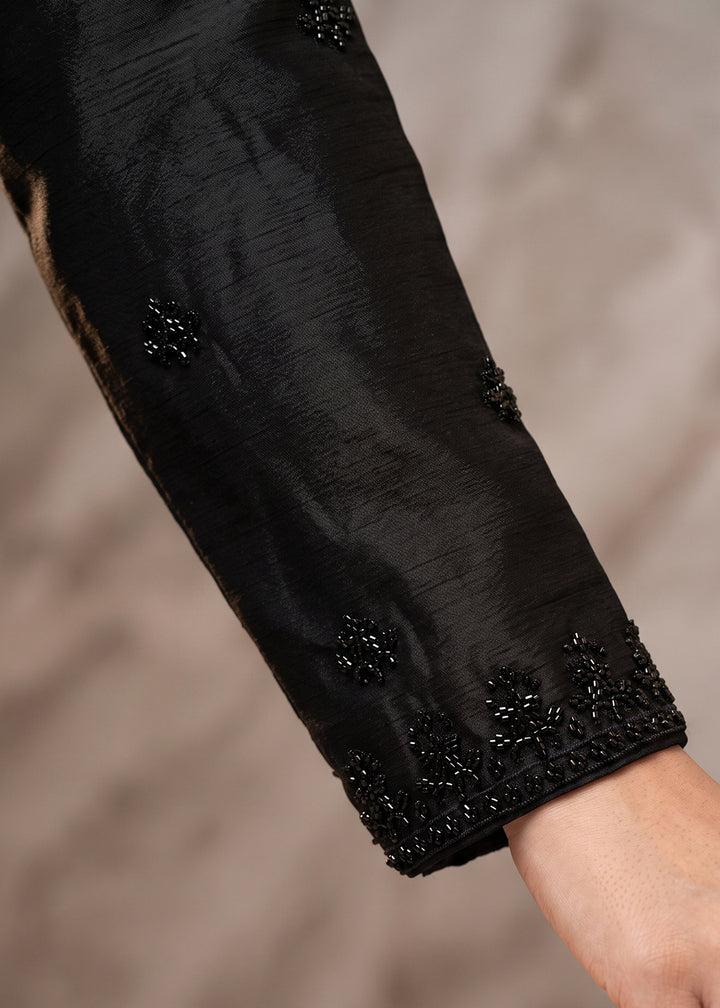 Onyx Black Chinon Silk Palazzo Suit with Floral Bead Embellishments