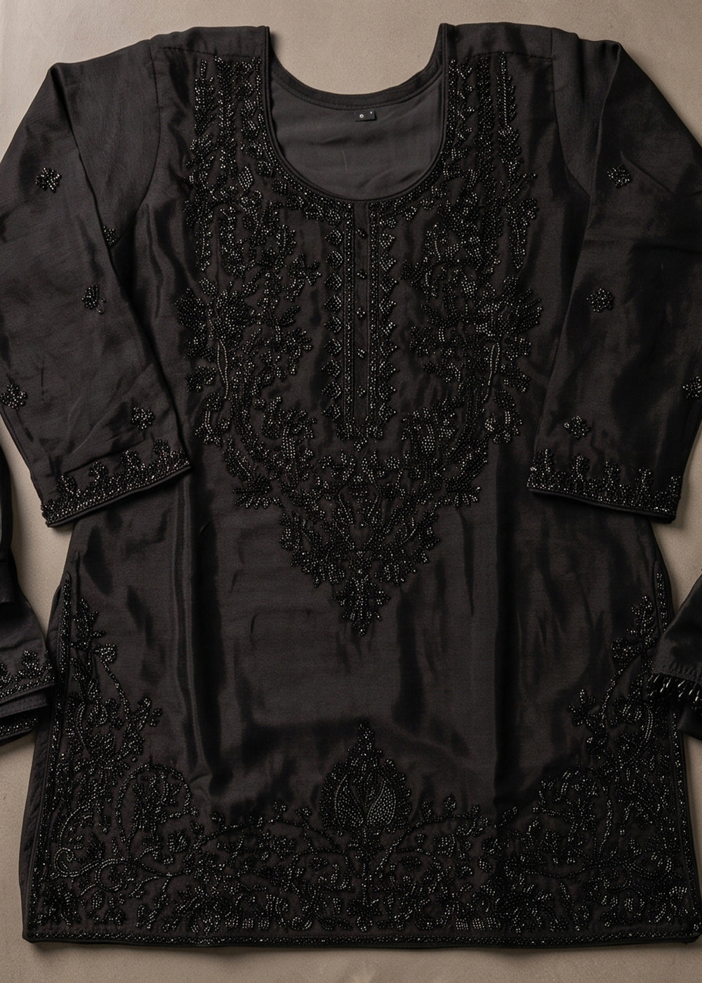 Onyx Black Chinon Silk Palazzo Suit with Floral Bead Embellishments