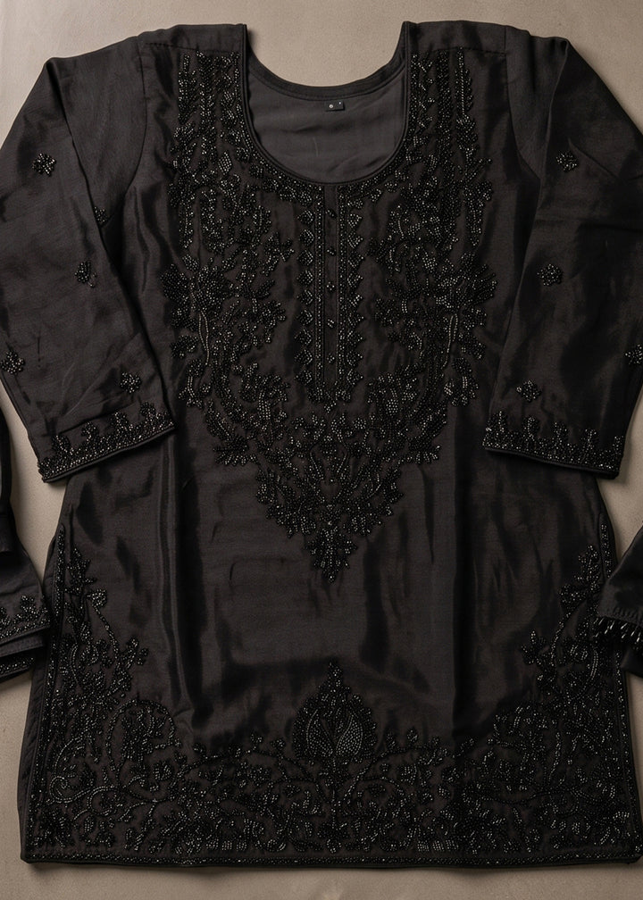 Onyx Black Chinon Silk Palazzo Suit with Floral Bead Embellishments