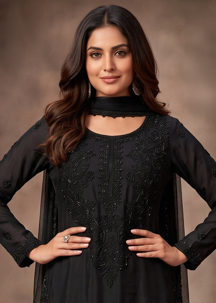 Onyx Black Chinon Silk Palazzo Suit with Floral Bead Embellishments