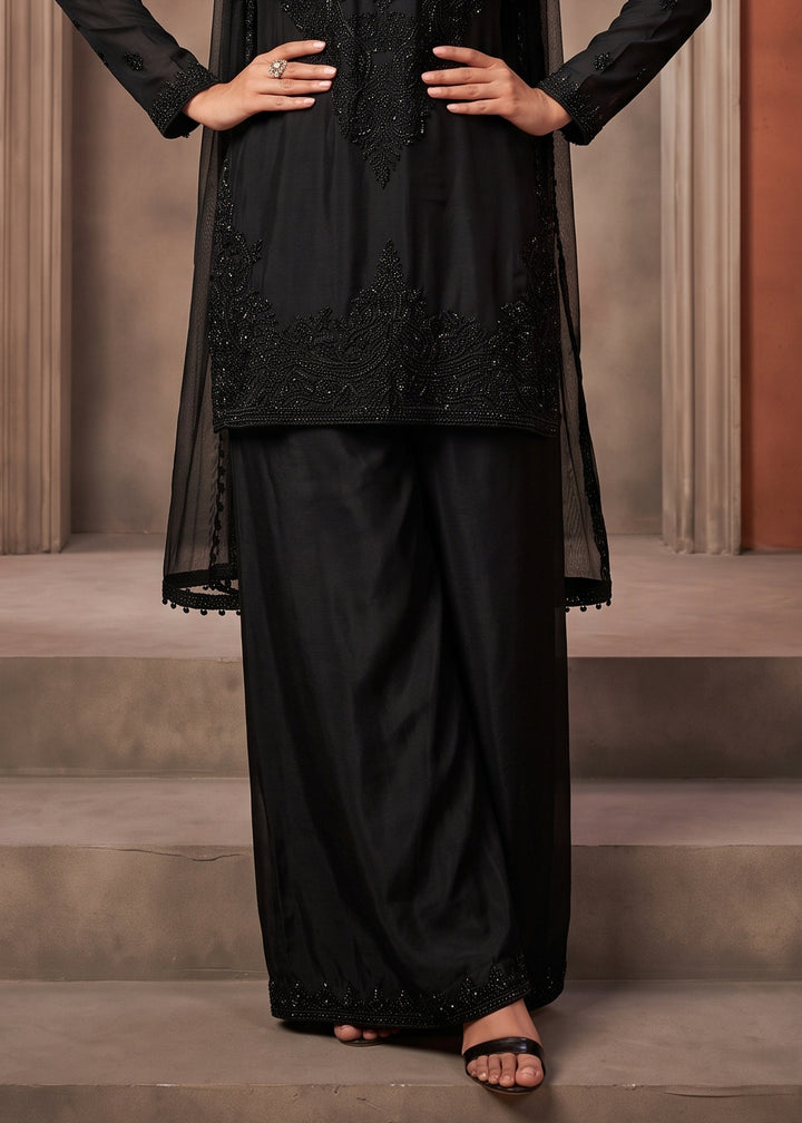Onyx Black Chinon Silk Palazzo Suit with Floral Bead Embellishments