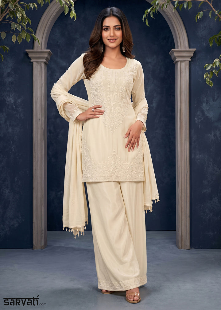 Daisy White Chinon Silk Palazzo Suit with Floral Bead Embellishments