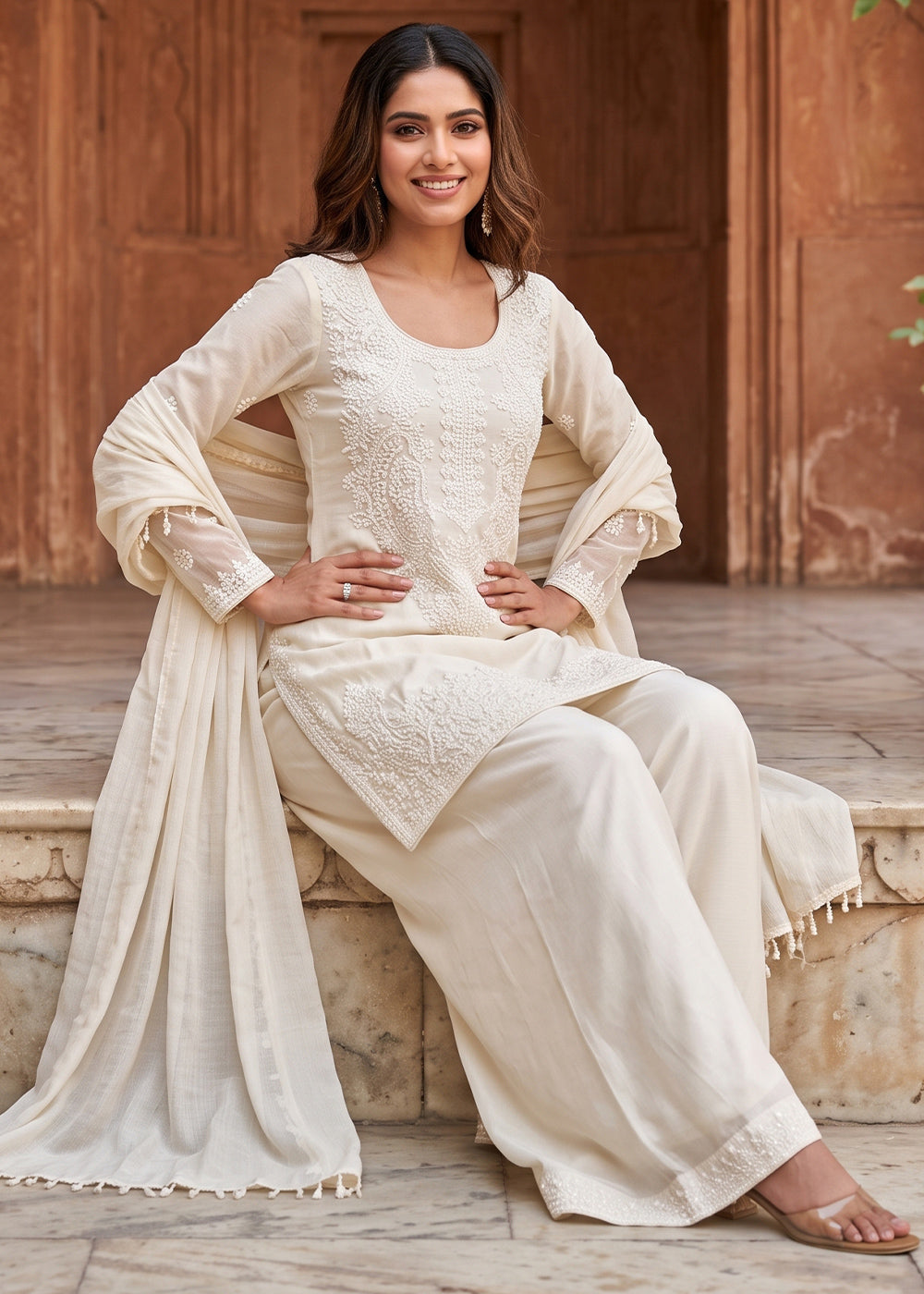 Daisy White Chinon Silk Palazzo Suit with Floral Bead Embellishments