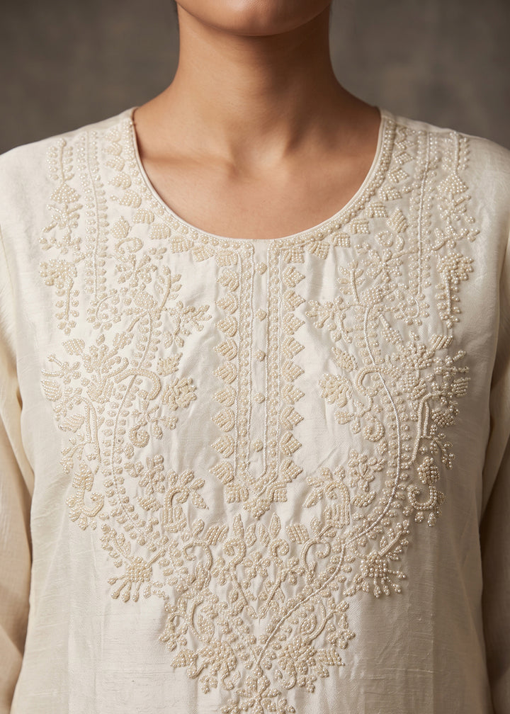 Daisy White Chinon Silk Palazzo Suit with Floral Bead Embellishments