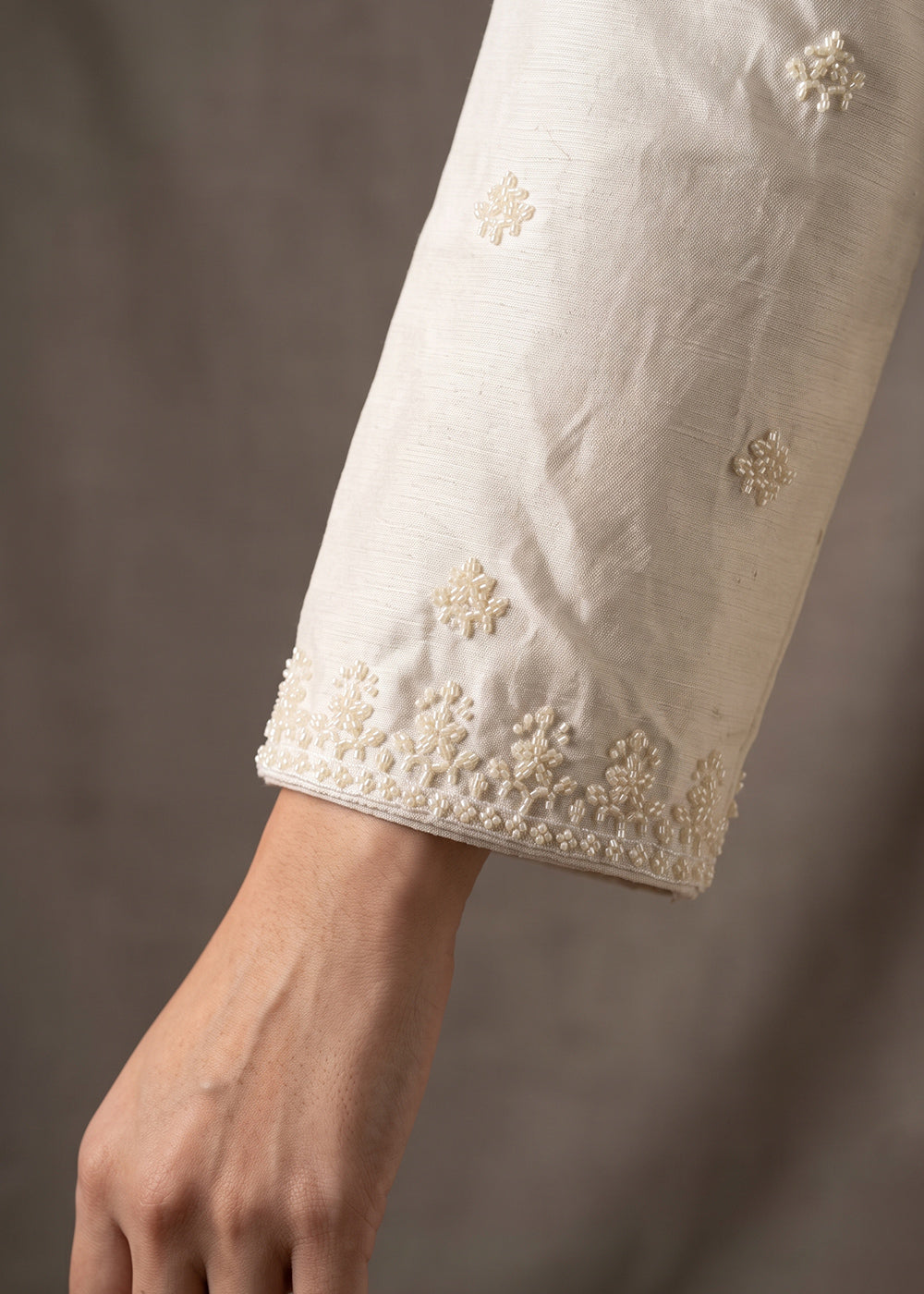 Daisy White Chinon Silk Palazzo Suit with Floral Bead Embellishments
