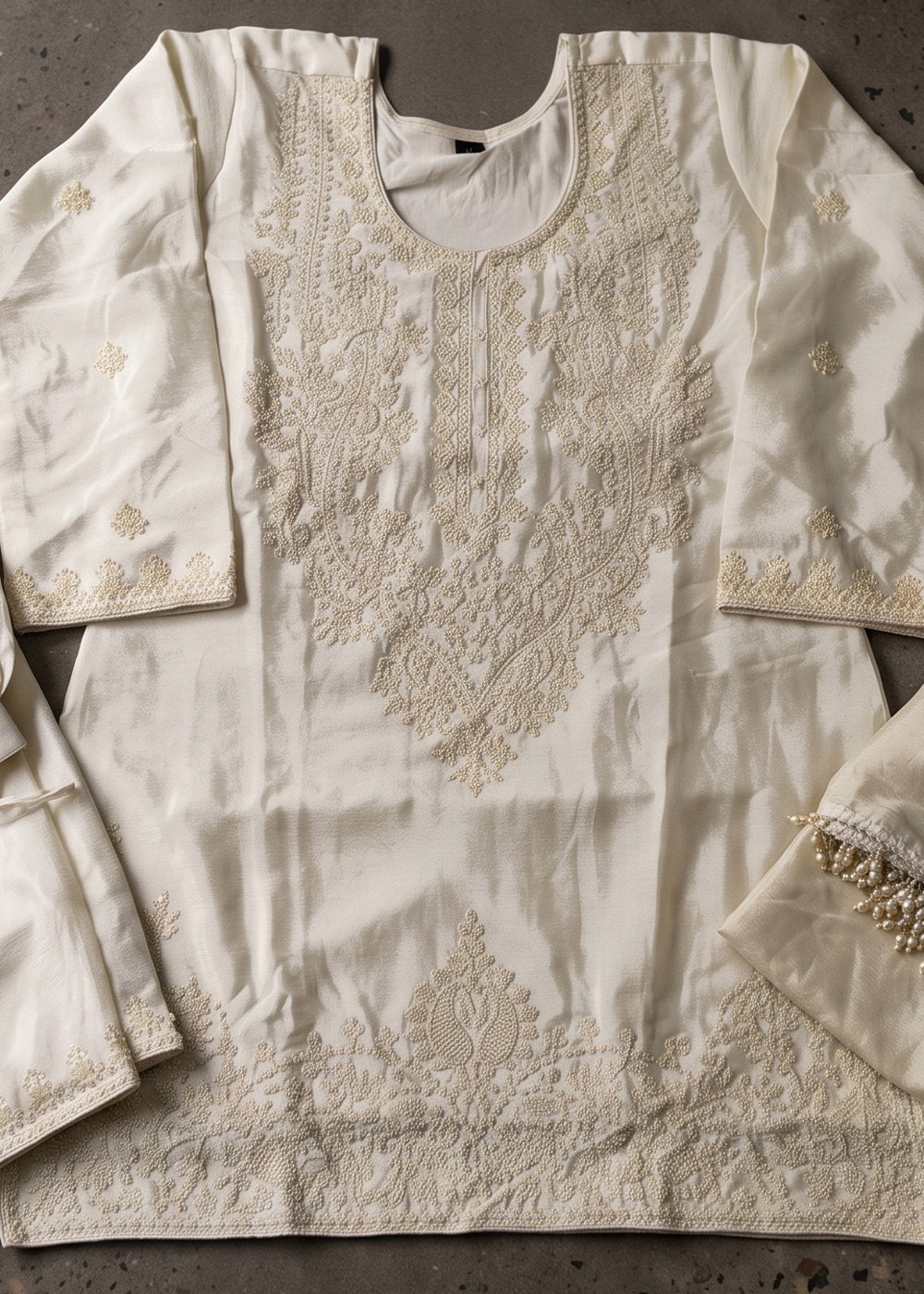 Daisy White Chinon Silk Palazzo Suit with Floral Bead Embellishments