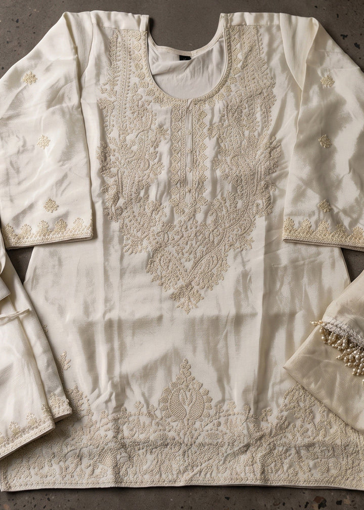 Daisy White Chinon Silk Palazzo Suit with Floral Bead Embellishments