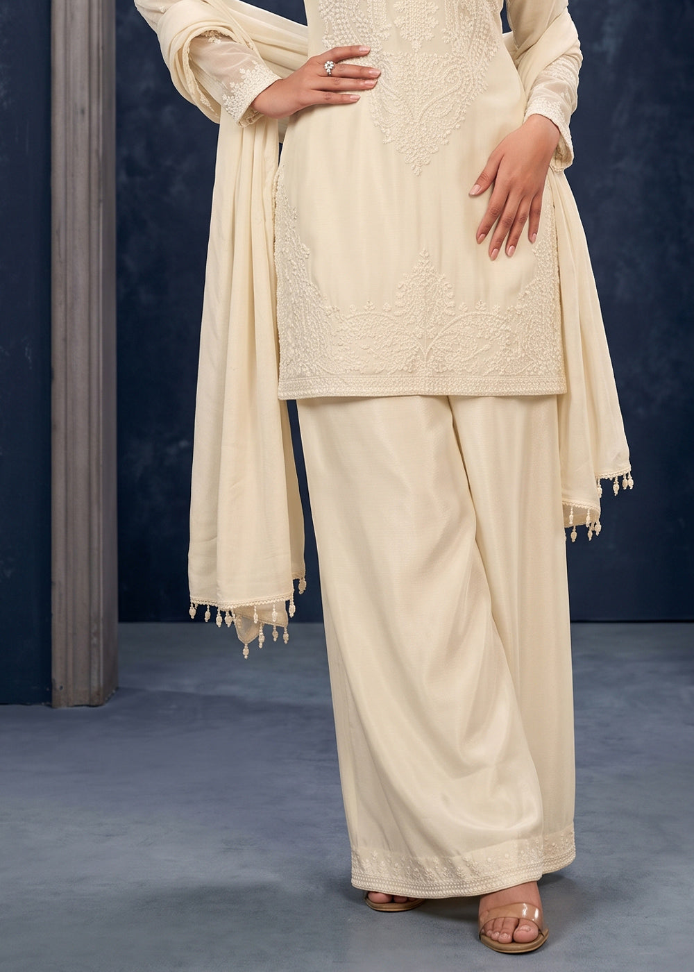 Daisy White Chinon Silk Palazzo Suit with Floral Bead Embellishments