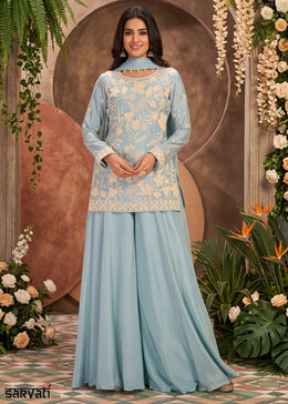 Light Blue Chinon Silk Sharara Suit with Floral Bead Embellishments