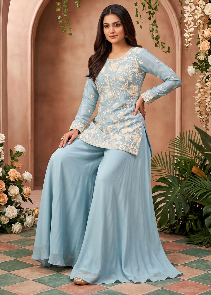 Light Blue Chinon Silk Sharara Suit with Floral Bead Embellishments