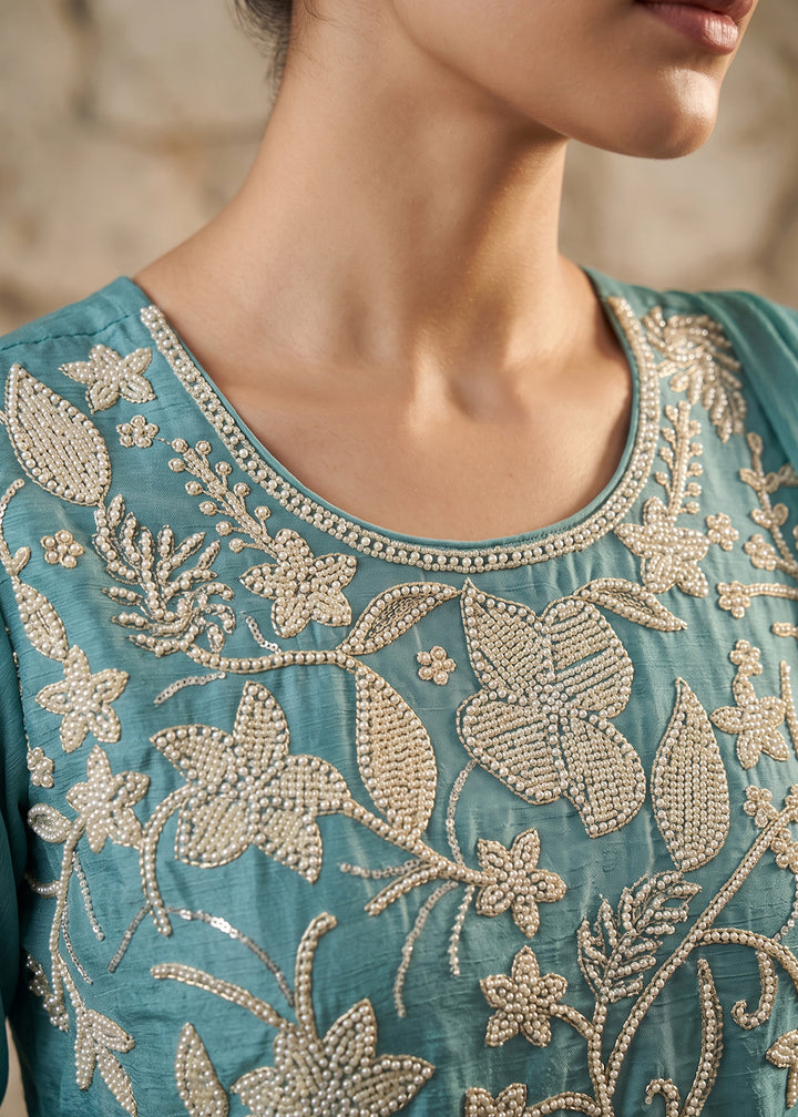 Light Blue Chinon Silk Sharara Suit with Floral Bead Embellishments