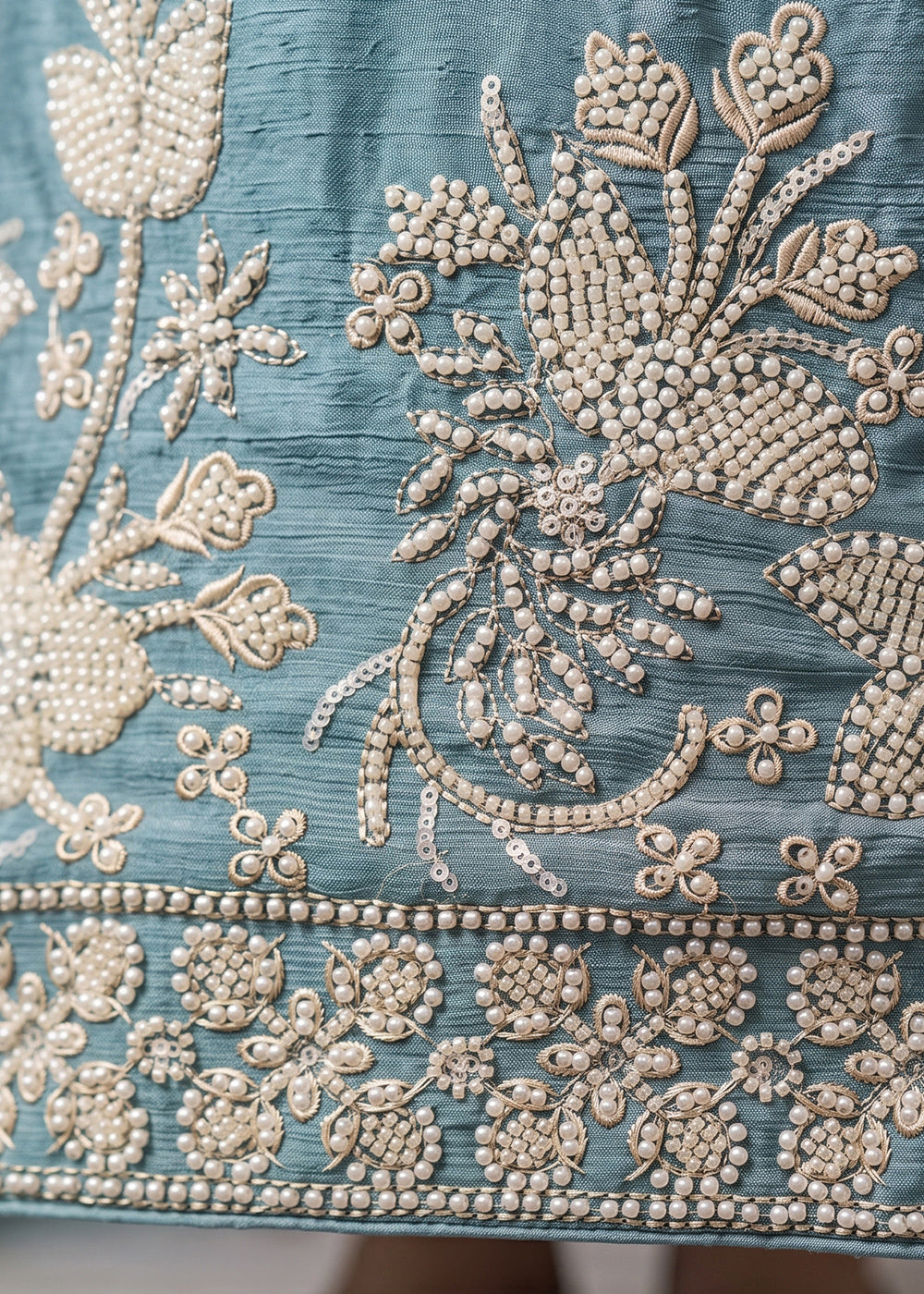Light Blue Chinon Silk Sharara Suit with Floral Bead Embellishments