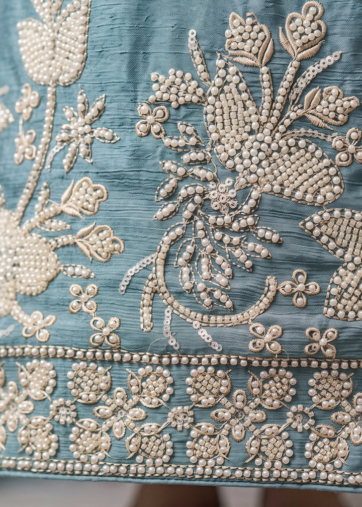 Light Blue Chinon Silk Sharara Suit with Floral Bead Embellishments