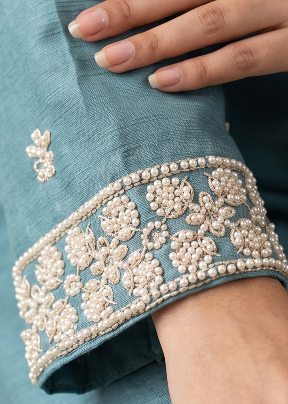 Light Blue Chinon Silk Sharara Suit with Floral Bead Embellishments