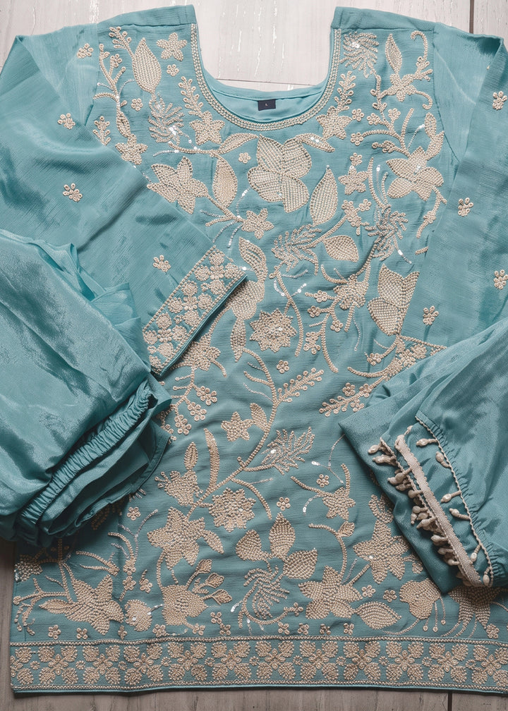 Light Blue Chinon Silk Sharara Suit with Floral Bead Embellishments