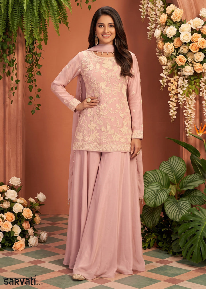 Light Purple Chinon Silk Sharara Suit with Floral Bead Embellishments