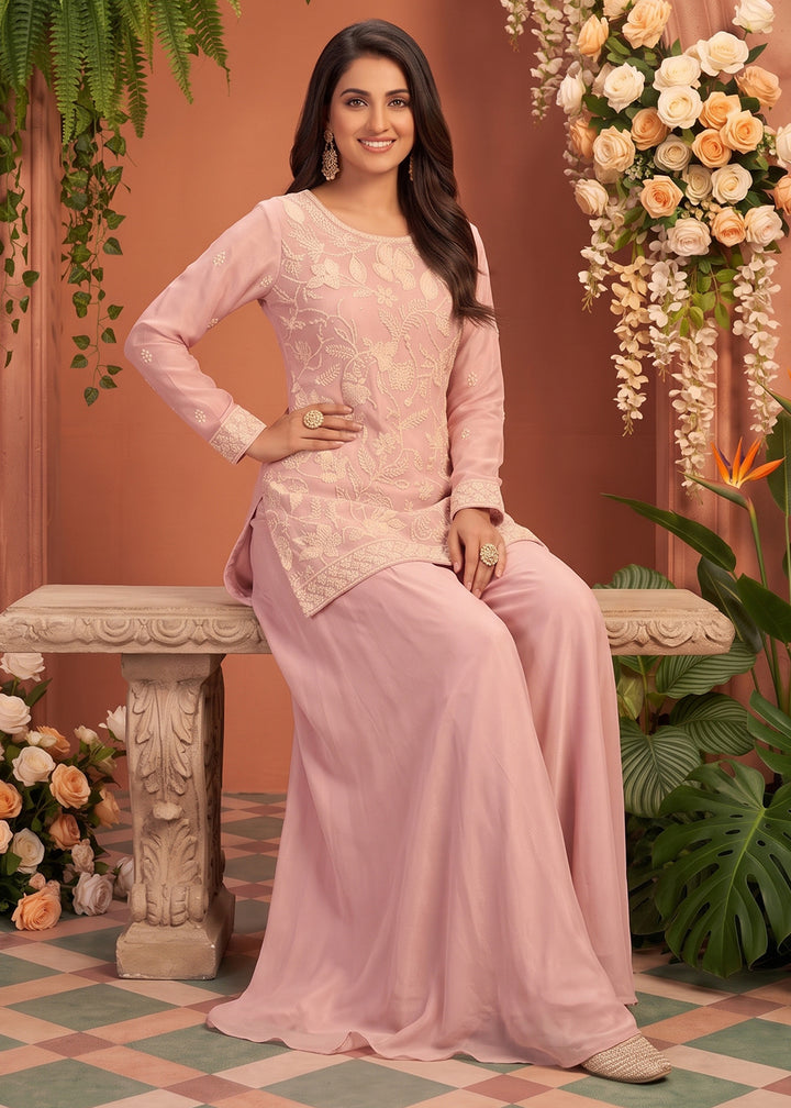 Light Purple Chinon Silk Sharara Suit with Floral Bead Embellishments