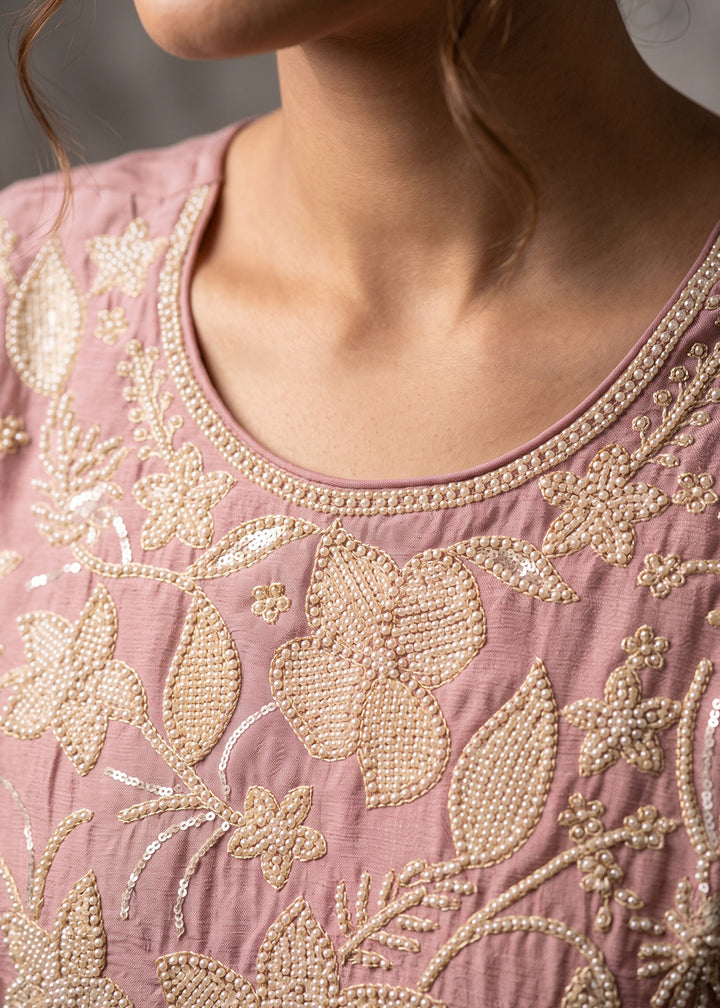 Light Purple Chinon Silk Sharara Suit with Floral Bead Embellishments