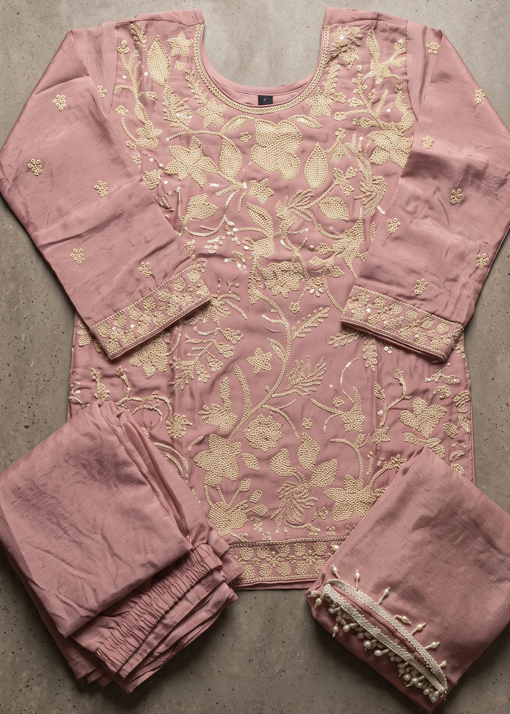 Light Purple Chinon Silk Sharara Suit with Floral Bead Embellishments