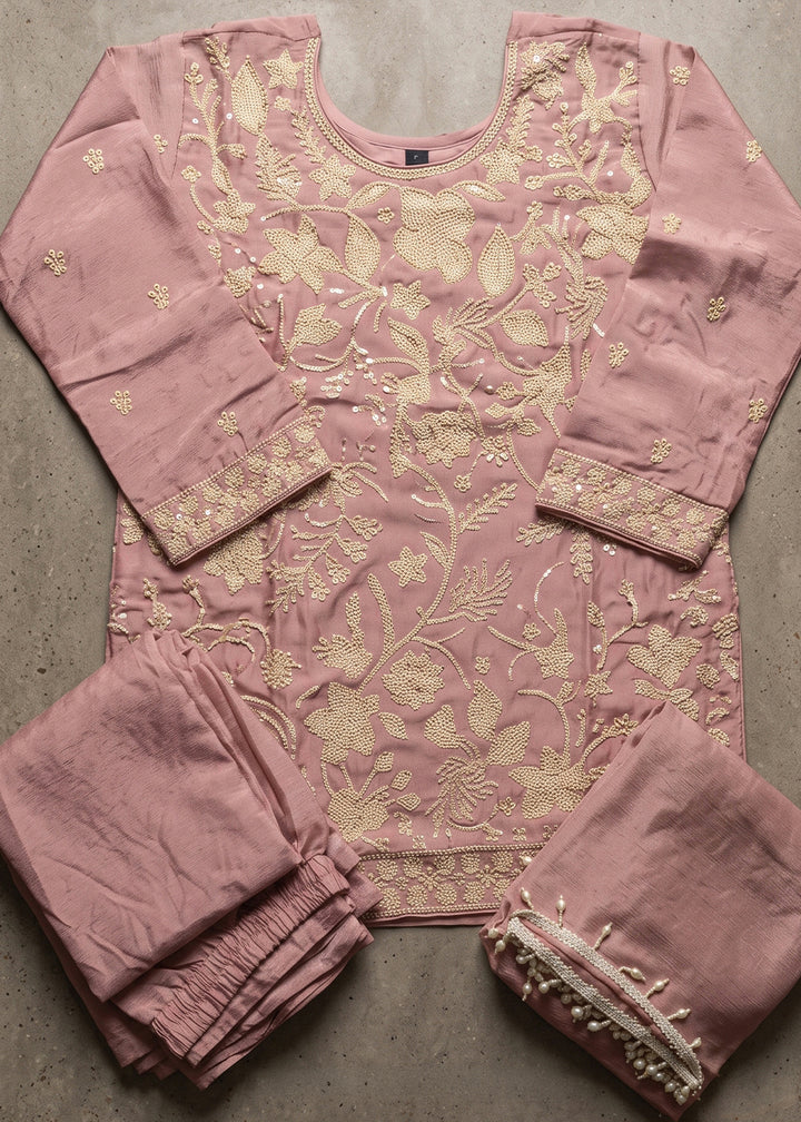 Light Purple Chinon Silk Sharara Suit with Floral Bead Embellishments