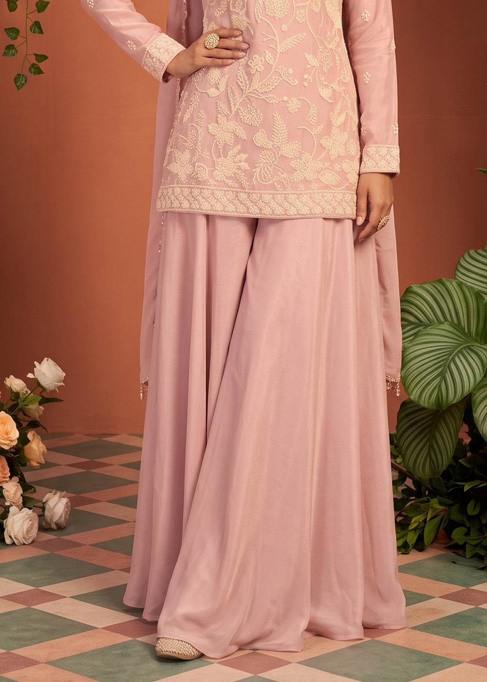 Light Purple Chinon Silk Sharara Suit with Floral Bead Embellishments