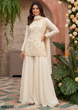 Parchment White Chinon Silk Sharara Suit with Floral Bead Embellishments
