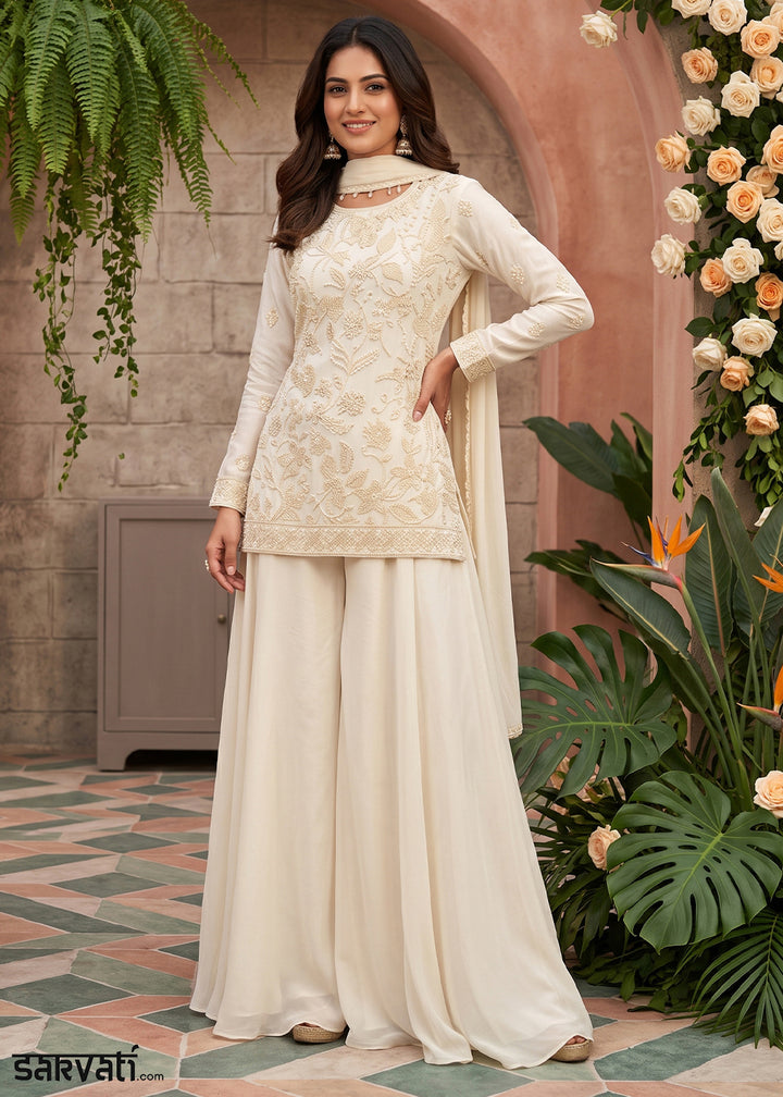 Parchment White Chinon Silk Sharara Suit with Floral Bead Embellishments