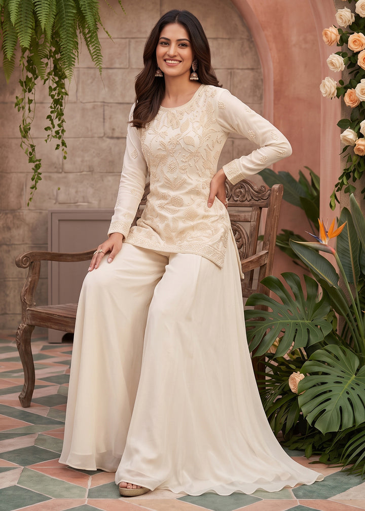 Parchment White Chinon Silk Sharara Suit with Floral Bead Embellishments