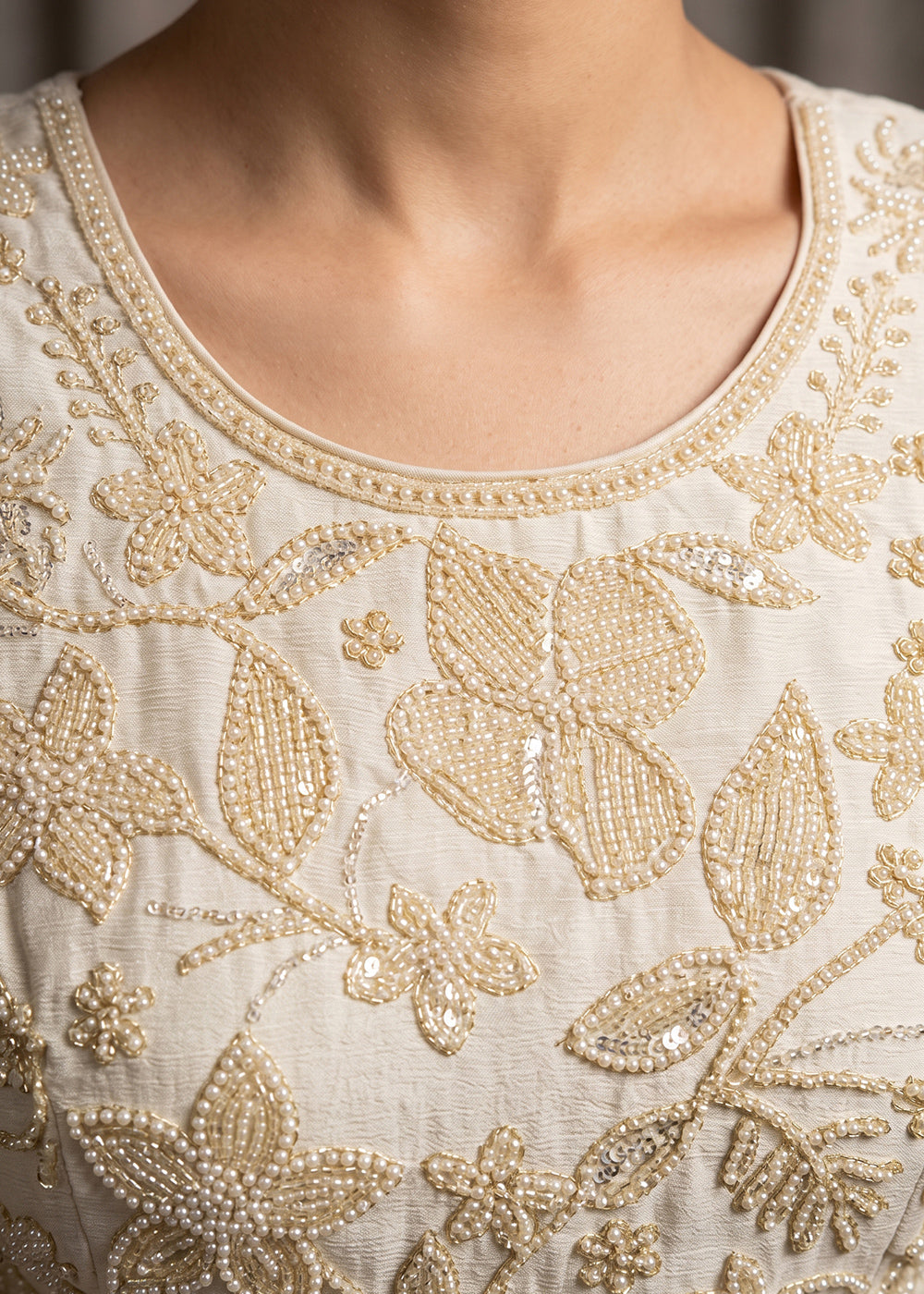 Parchment White Chinon Silk Sharara Suit with Floral Bead Embellishments
