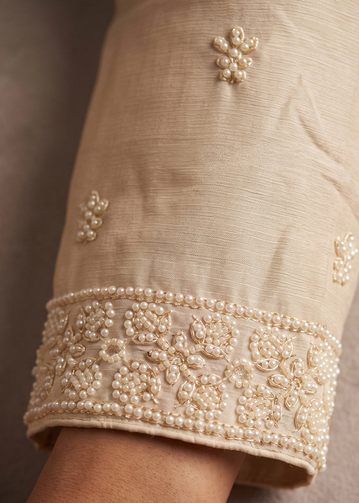 Parchment White Chinon Silk Sharara Suit with Floral Bead Embellishments