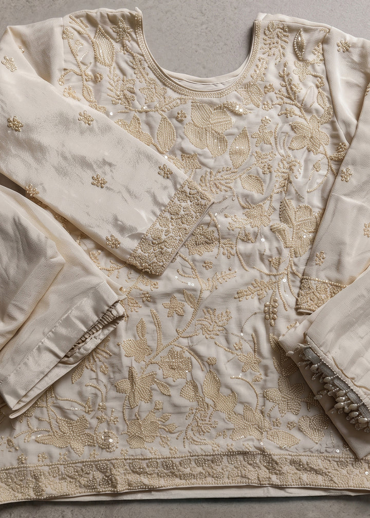 Parchment White Chinon Silk Sharara Suit with Floral Bead Embellishments