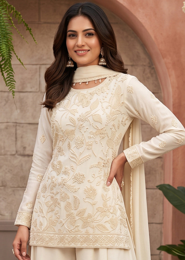 Parchment White Chinon Silk Sharara Suit with Floral Bead Embellishments
