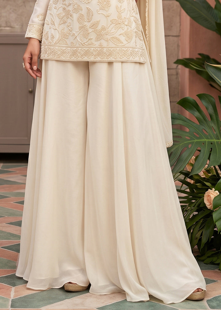 Parchment White Chinon Silk Sharara Suit with Floral Bead Embellishments