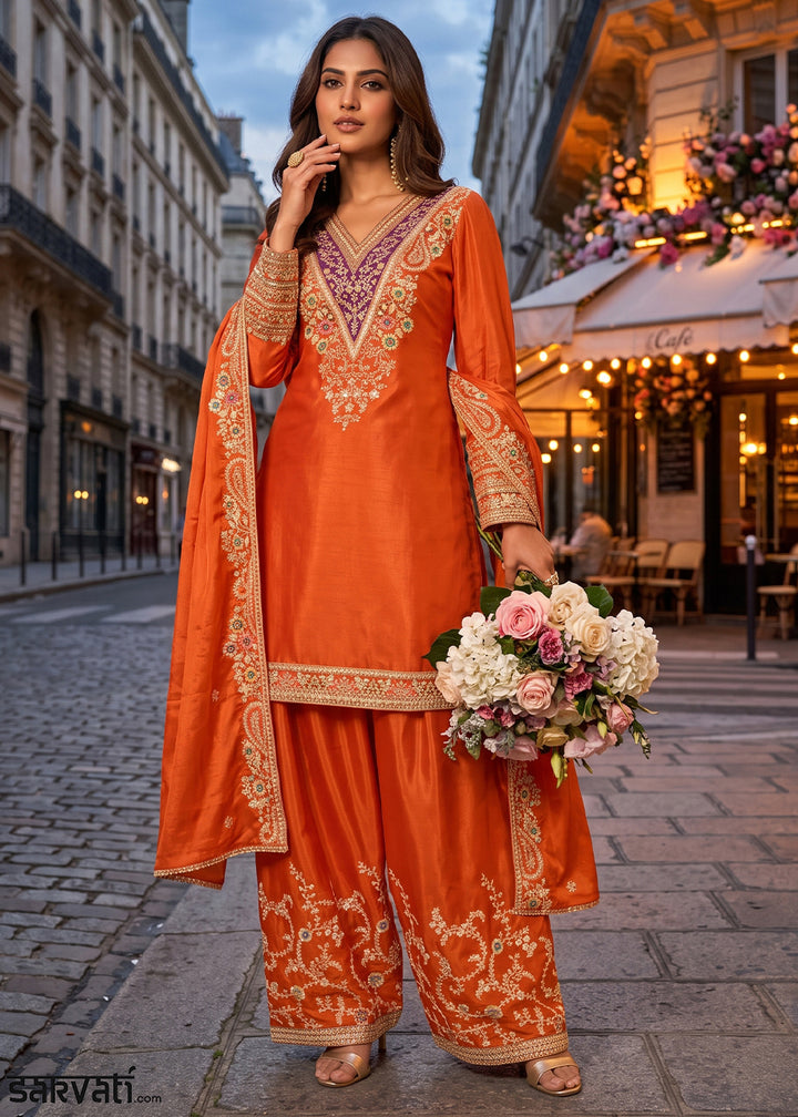 Pumpkin Orange Chinon Silk Palazzo Suit with Floral Thread Detailing