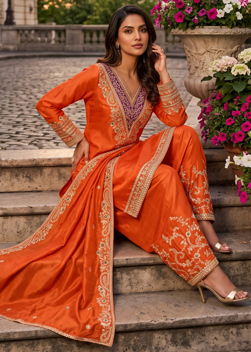 Pumpkin Orange Chinon Silk Palazzo Suit with Floral Thread Detailing