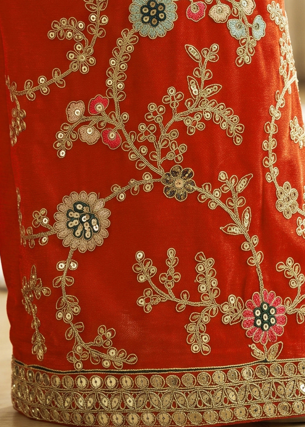 Pumpkin Orange Chinon Silk Palazzo Suit with Floral Thread Detailing