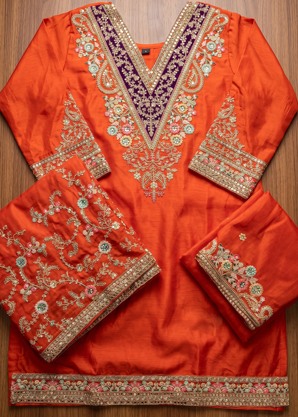 Pumpkin Orange Chinon Silk Palazzo Suit with Floral Thread Detailing