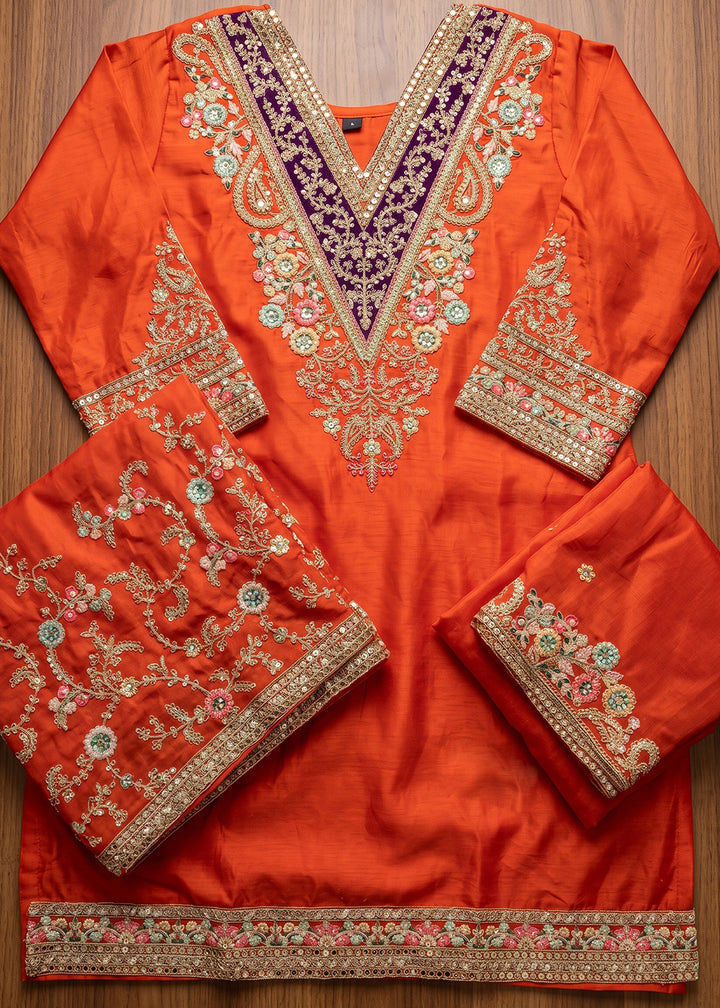 Pumpkin Orange Chinon Silk Palazzo Suit with Floral Thread Detailing
